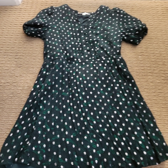 LOFT metallic foil pattern emerald green silver festive party dress puff sleeve - Picture 13 of 15